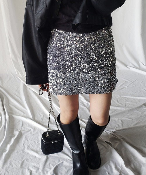 me+em select（ミームセレクト）の「スパンコールミニスカパン【 韓国製 】（スカート・レディース・ブラック/アイボリー/グレー・FREE）」の8枚目の写真