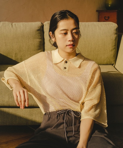 WHIMSIC（ウィムジック）の「【UNISEX】メッシュニットポロシャツ（ポロシャツ・メンズ・ブラック/オリーブ/アイボリー・FREE）」の6枚目の写真