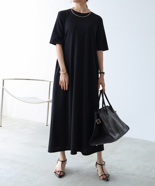 セール】梨地ポンチ5分袖フレアワンピース（ワンピース）｜evernavy