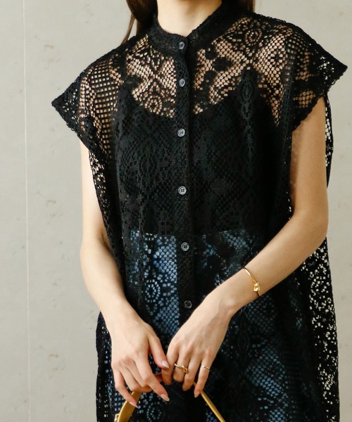 Per sist ence(パーシエンス)の「Per sist ence/パーシエンス カットレーススタンドカラーノースリシャツ(シャツ/ブラウス・レディース・アイボリー/ブラック・FREE)」の5枚目の写真
