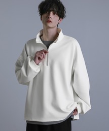 サイドスリットコットンポンチ/フェイクスウェードビッグシルエットドレープ長袖ハーフジップカットソー
