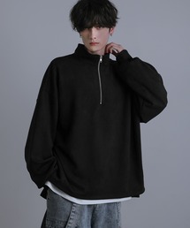 サイドスリットコットンポンチ/フェイクスウェードビッグシルエットドレープ長袖ハーフジップカットソー