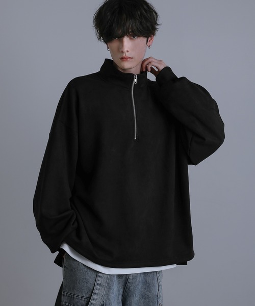 LILL（リル）の「サイドスリットコットンポンチ/フェイクスウェードビッグシルエットドレープ長袖ハーフジップカットソー（スウェット・メンズ・ホワイト/ダークネイビー/ライトグレー/ブラック/ダークグレー/ベージュ系/パープル系/ブラック系/ホワイト系/ブラック×ホワイト/ブラック×ブラック/ホワイト×ホワイト/チャコールグレー/ブラック系1/ホワイト系1・S/L/XL/M）」の10枚目の写真