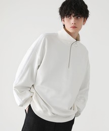 サイドスリットコットンポンチ/フェイクスウェードビッグシルエットドレープ長袖ハーフジップカットソー