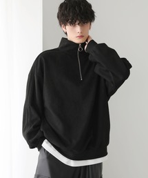 サイドスリットコットンポンチ/フェイクスウェードビッグシルエットドレープ長袖ハーフジップカットソー
