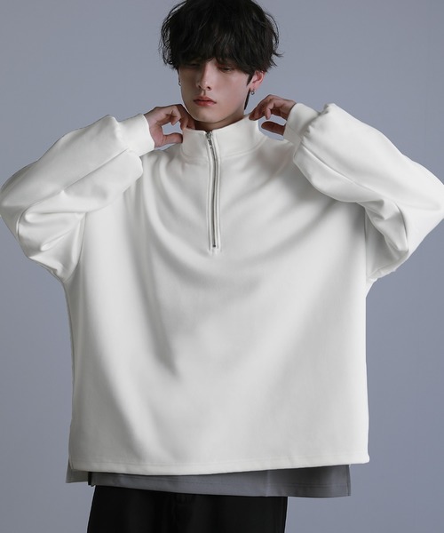 LILL（リル）の「サイドスリットコットンポンチ/フェイクスウェードビッグシルエットドレープ長袖ハーフジップカットソー（スウェット・メンズ・ホワイト/ダークネイビー/ライトグレー/ブラック/ダークグレー/ベージュ系/パープル系/ブラック系/ホワイト系/ブラック×ホワイト/ブラック×ブラック/ホワイト×ホワイト/チャコールグレー/ブラック系1/ホワイト系1・S/L/XL/M）」の16枚目の写真