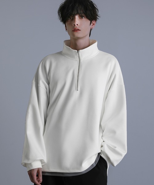 LILL（リル）の「サイドスリットコットンポンチ/フェイクスウェードビッグシルエットドレープ長袖ハーフジップカットソー（スウェット・メンズ・ホワイト/ダークネイビー/ライトグレー/ブラック/ダークグレー/ベージュ系/パープル系/ブラック系/ホワイト系/ブラック×ホワイト/ブラック×ブラック/ホワイト×ホワイト/チャコールグレー/ブラック系1/ホワイト系1・S/L/XL/M）」の17枚目の写真