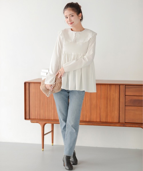 【fitmore】✨フィットモア　スカラップカラーペプラムロングスリーブブラウス セール】【ZOZO限定カラー】スカラップカラーペプラムロング