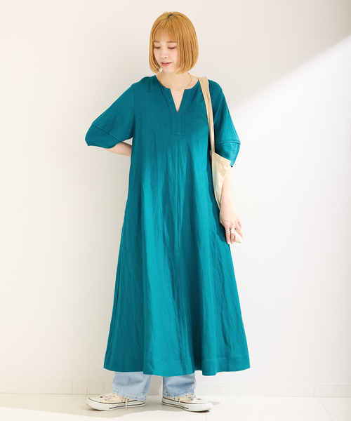 B.C STOCK（ベーセーストック）の「リネンレーヨンコクーンスリーブワンピース（ワンピース・レディース・イエロー/グリーン/ブラック/カーキ・FREE）」の13枚目の写真