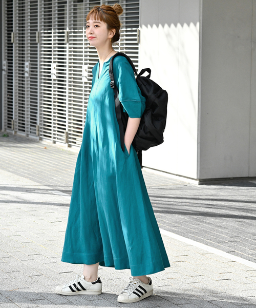 B.C STOCK（ベーセーストック）の「リネンレーヨンコクーンスリーブワンピース（ワンピース・レディース・イエロー/グリーン/ブラック/カーキ・FREE）」の19枚目の写真