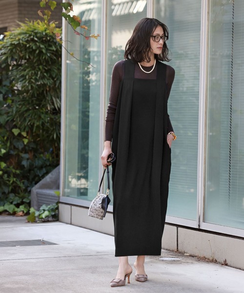 ELFRANK（エルフランク）の「コクーンロングジャンパースカート（ジャンパースカート・レディース・ベージュ/ブラック・FREE）」の4枚目の写真