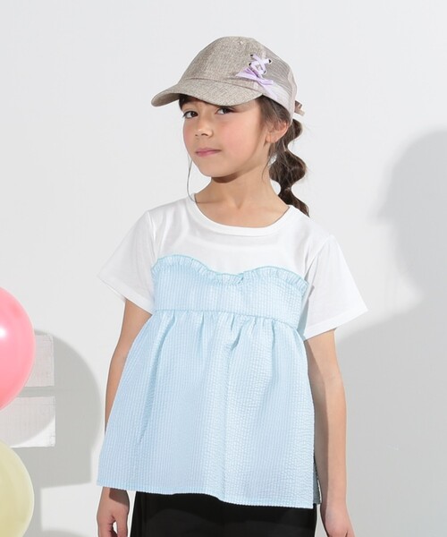 SHOO・LA・RUE(シューラルー)の「◆【110-140cm】異素材ドッキングTシャツ(Tシャツ/カットソー・キッズ・サックスブルー/ブラック/パープル/グリーン系・13/14/12/11)」の2枚目の写真