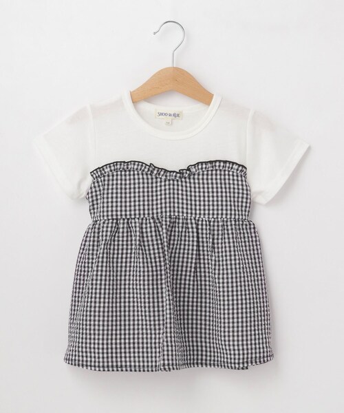 SHOO・LA・RUE(シューラルー)の「◆【110-140cm】異素材ドッキングTシャツ(Tシャツ/カットソー・キッズ・サックスブルー/ブラック/パープル/グリーン系・13/14/12/11)」の1枚目の写真