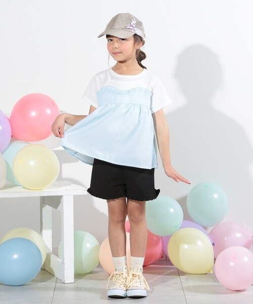 SHOO・LA・RUE(シューラルー)の「◆【110-140cm】異素材ドッキングTシャツ(Tシャツ/カットソー・キッズ・サックスブルー/ブラック/パープル/グリーン系・13/14/12/11)」の12枚目の写真