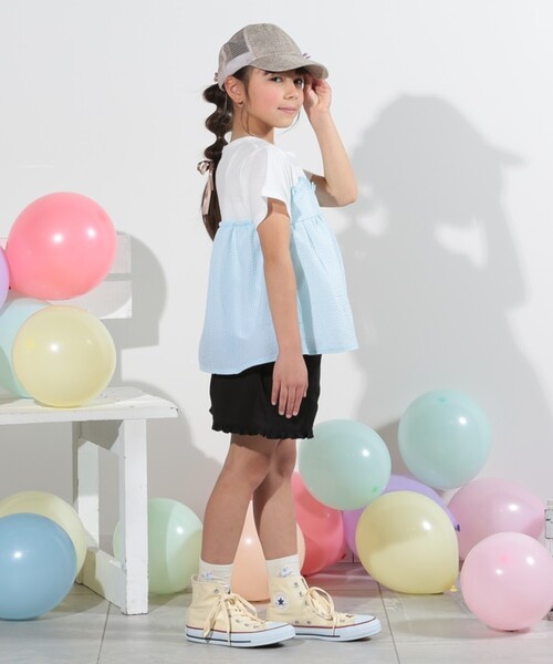 SHOO・LA・RUE(シューラルー)の「◆【110-140cm】異素材ドッキングTシャツ(Tシャツ/カットソー・キッズ・サックスブルー/ブラック/パープル/グリーン系・13/14/12/11)」の14枚目の写真