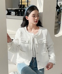 ノーカラージャケット（ホワイト/白色系・フリンジ）ファッション通販