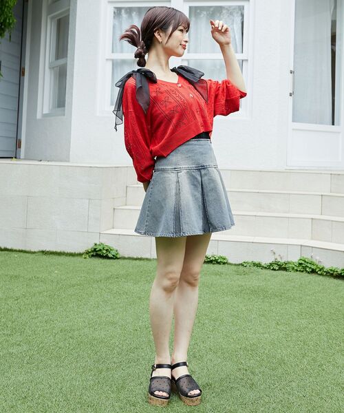 MAJESTIC LEGON（マジェスティックレゴン）の「リボン透かし編みカーディガン（カーディガン/ボレロ・レディース・ピンク/レッド/グリーン/ブルー/アイボリー/ブラック・MEDIUM）」の13枚目の写真