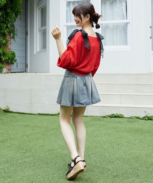 MAJESTIC LEGON（マジェスティックレゴン）の「リボン透かし編みカーディガン（カーディガン/ボレロ・レディース・ピンク/レッド/グリーン/ブルー/アイボリー/ブラック・MEDIUM）」の12枚目の写真