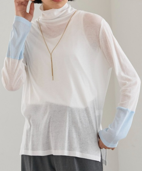 UNDOVE(アンドゥーブ)の「<UNDOVE>【アンチピリング/洗濯機OK/敏感肌さん用/シアーインナー/オーガニックコットン100%/透け感トップス/配色デザイン/首元カバー】衿選べる綿100シアープルオーバー/ハイネック(Tシャツ/カットソー・レディース・ブラック系その他/ホワイト系その他/ブルー系その他・MEDIUM/LARGE/X-LARGE)」の1枚目の写真