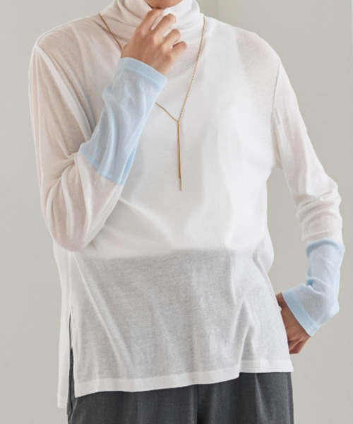 UNDOVE(アンドゥーブ)の「<UNDOVE>【アンチピリング/洗濯機OK/敏感肌さん用/シアーインナー/オーガニックコットン100%/透け感トップス/配色デザイン/首元カバー】衿選べる綿100シアープルオーバー/ハイネック(Tシャツ/カットソー・レディース・ブラック系その他/ホワイト系その他/ブルー系その他・MEDIUM/LARGE/X-LARGE)」の16枚目の写真
