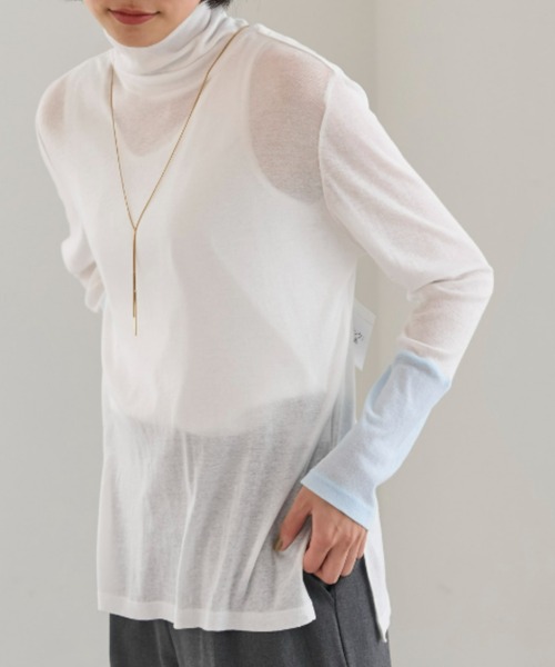 UNDOVE(アンドゥーブ)の「<UNDOVE>【アンチピリング/洗濯機OK/敏感肌さん用/シアーインナー/オーガニックコットン100%/透け感トップス/配色デザイン/首元カバー】衿選べる綿100シアープルオーバー/ハイネック(Tシャツ/カットソー・レディース・ブラック系その他/ホワイト系その他/ブルー系その他・MEDIUM/LARGE/X-LARGE)」の18枚目の写真