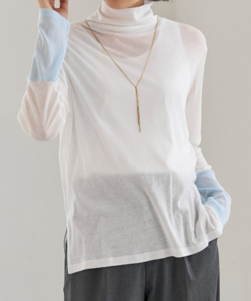 UNDOVE(アンドゥーブ)の「<UNDOVE>【アンチピリング/洗濯機OK/敏感肌さん用/シアーインナー/オーガニックコットン100%/透け感トップス/配色デザイン/首元カバー】衿選べる綿100シアープルオーバー/ハイネック(Tシャツ/カットソー・レディース・ブラック系その他/ホワイト系その他/ブルー系その他・MEDIUM/LARGE/X-LARGE)」の19枚目の写真