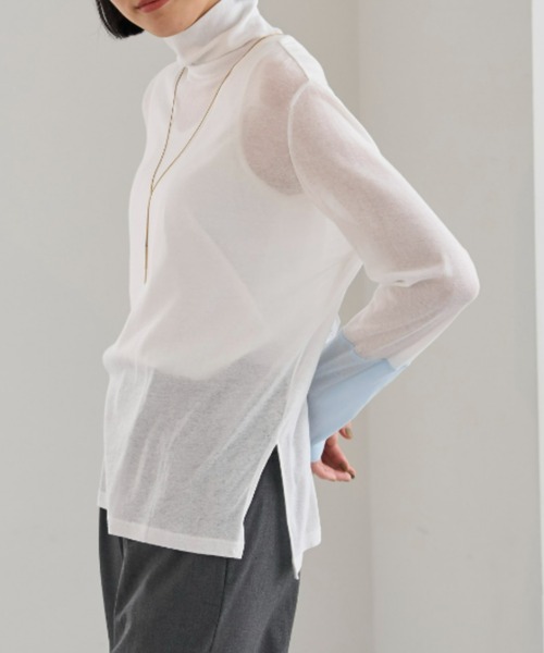 UNDOVE(アンドゥーブ)の「<UNDOVE>【アンチピリング/洗濯機OK/敏感肌さん用/シアーインナー/オーガニックコットン100%/透け感トップス/配色デザイン/首元カバー】衿選べる綿100シアープルオーバー/ハイネック(Tシャツ/カットソー・レディース・ブラック系その他/ホワイト系その他/ブルー系その他・MEDIUM/LARGE/X-LARGE)」の20枚目の写真