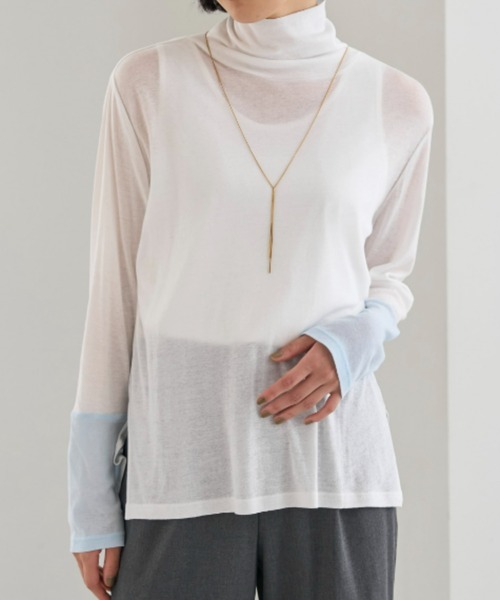 UNDOVE(アンドゥーブ)の「<UNDOVE>【アンチピリング/洗濯機OK/敏感肌さん用/シアーインナー/オーガニックコットン100%/透け感トップス/配色デザイン/首元カバー】衿選べる綿100シアープルオーバー/ハイネック(Tシャツ/カットソー・レディース・ブラック系その他/ホワイト系その他/ブルー系その他・MEDIUM/LARGE/X-LARGE)」の21枚目の写真