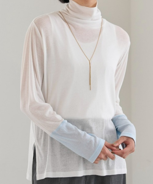 UNDOVE(アンドゥーブ)の「<UNDOVE>【アンチピリング/洗濯機OK/敏感肌さん用/シアーインナー/オーガニックコットン100%/透け感トップス/配色デザイン/首元カバー】衿選べる綿100シアープルオーバー/ハイネック(Tシャツ/カットソー・レディース・ブラック系その他/ホワイト系その他/ブルー系その他・MEDIUM/LARGE/X-LARGE)」の22枚目の写真