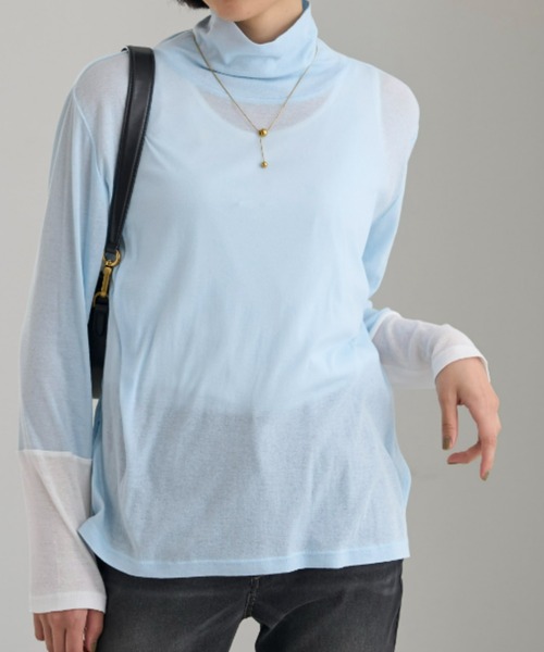 UNDOVE(アンドゥーブ)の「<UNDOVE>【アンチピリング/洗濯機OK/敏感肌さん用/シアーインナー/オーガニックコットン100%/透け感トップス/配色デザイン/首元カバー】衿選べる綿100シアープルオーバー/ハイネック(Tシャツ/カットソー・レディース・ブラック系その他/ホワイト系その他/ブルー系その他・MEDIUM/LARGE/X-LARGE)」の6枚目の写真