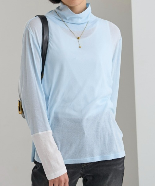 UNDOVE(アンドゥーブ)の「<UNDOVE>【アンチピリング/洗濯機OK/敏感肌さん用/シアーインナー/オーガニックコットン100%/透け感トップス/配色デザイン/首元カバー】衿選べる綿100シアープルオーバー/ハイネック(Tシャツ/カットソー・レディース・ブラック系その他/ホワイト系その他/ブルー系その他・MEDIUM/LARGE/X-LARGE)」の7枚目の写真
