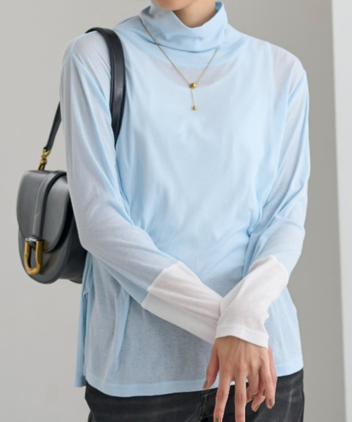 UNDOVE(アンドゥーブ)の「<UNDOVE>【アンチピリング/洗濯機OK/敏感肌さん用/シアーインナー/オーガニックコットン100%/透け感トップス/配色デザイン/首元カバー】衿選べる綿100シアープルオーバー/ハイネック(Tシャツ/カットソー・レディース・ブラック系その他/ホワイト系その他/ブルー系その他・MEDIUM/LARGE/X-LARGE)」の8枚目の写真