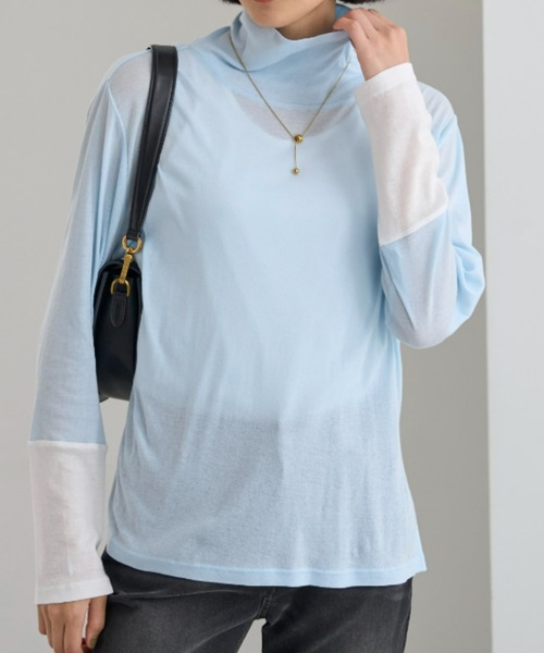 UNDOVE(アンドゥーブ)の「<UNDOVE>【アンチピリング/洗濯機OK/敏感肌さん用/シアーインナー/オーガニックコットン100%/透け感トップス/配色デザイン/首元カバー】衿選べる綿100シアープルオーバー/ハイネック(Tシャツ/カットソー・レディース・ブラック系その他/ホワイト系その他/ブルー系その他・MEDIUM/LARGE/X-LARGE)」の9枚目の写真