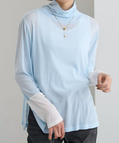 UNDOVE(アンドゥーブ)の「<UNDOVE>【アンチピリング/洗濯機OK/敏感肌さん用/シアーインナー/オーガニックコットン100%/透け感トップス/配色デザイン/首元カバー】衿選べる綿100シアープルオーバー/ハイネック(Tシャツ/カットソー・レディース・ブラック系その他/ホワイト系その他/ブルー系その他・MEDIUM/LARGE/X-LARGE)」の10枚目の写真