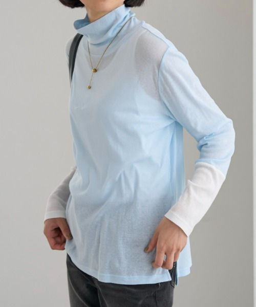 UNDOVE(アンドゥーブ)の「<UNDOVE>【アンチピリング/洗濯機OK/敏感肌さん用/シアーインナー/オーガニックコットン100%/透け感トップス/配色デザイン/首元カバー】衿選べる綿100シアープルオーバー/ハイネック(Tシャツ/カットソー・レディース・ブラック系その他/ホワイト系その他/ブルー系その他・MEDIUM/LARGE/X-LARGE)」の12枚目の写真