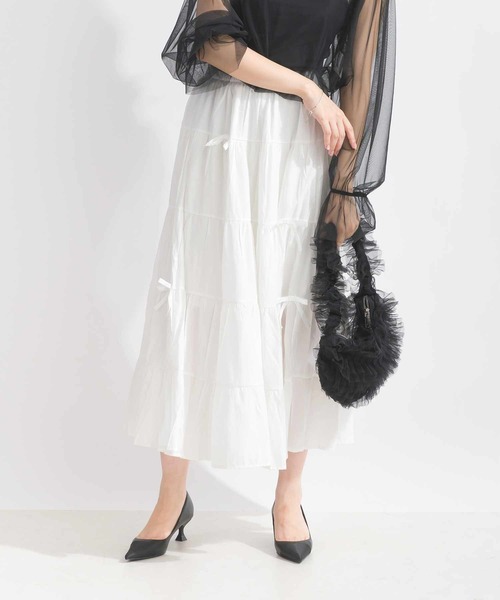 Lo-Fi(ローファイ)の「リボン付きティアードスカート(スカート・レディース・ブラック/オフホワイト・M)」の1枚目の写真