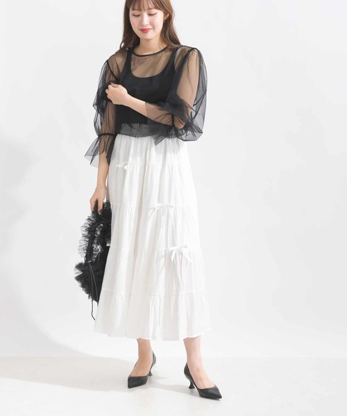 Lo-Fi(ローファイ)の「リボン付きティアードスカート(スカート・レディース・ブラック/オフホワイト・M)」の6枚目の写真