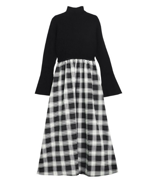 Pierrot（ピエロ）の「タートルネックフレアスリーブドッキングワンピース（ワンピース・レディース・ブラック×ブラック/ブラック系その他/ホワイト×ブラック・PM/M/L）」の6枚目の写真