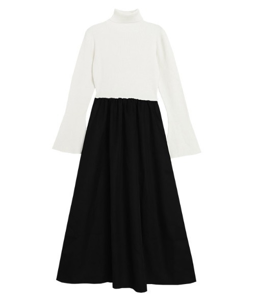 Pierrot（ピエロ）の「タートルネックフレアスリーブドッキングワンピース（ワンピース・レディース・ブラック×ブラック/ブラック系その他/ホワイト×ブラック・PM/M/L）」の9枚目の写真