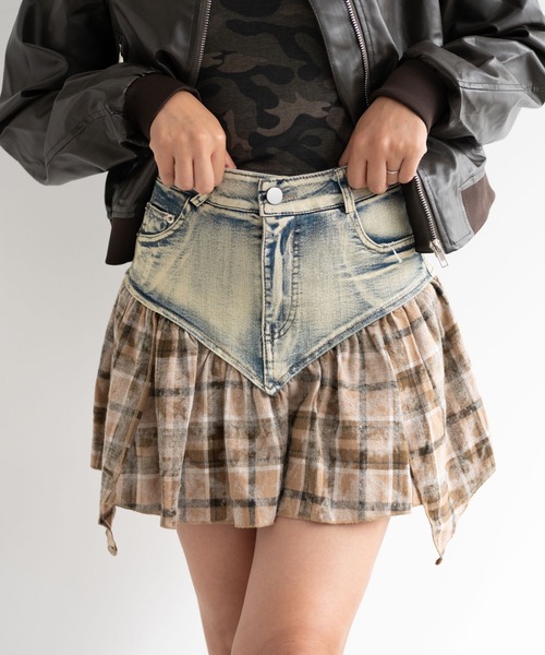dispark(ディスパーク)の「DISPARK/チェック切替デニムミニスカパン(スカート・レディース・ブラック/ベージュ・FREE)」の1枚目の写真