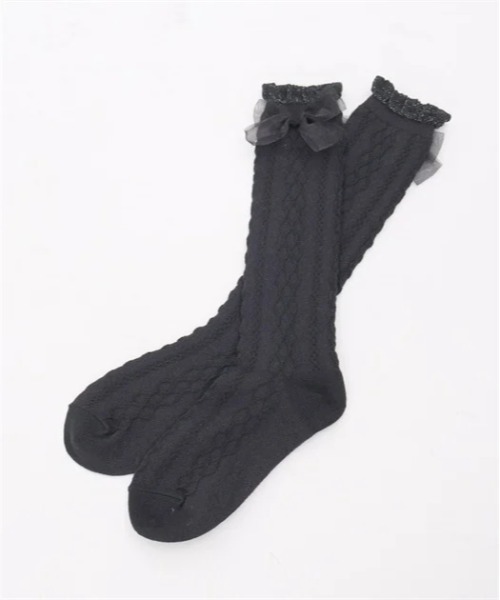 axes femme(アクシーズファム)の「シアーリボンラメハイソックス(ソックス/靴下・キッズ・ブラック/ホワイト・FREE)」の2枚目の写真