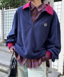 DOUBLE NAME | ワンポイント刺しゅうフリースハーフZIPプルオーバー/ユニセックス(スウェット)