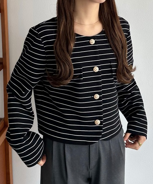 callautia（カラウティア）の「金釦ボーダージャケット風カットカーディガン（カーディガン/ボレロ・レディース・ブラック/アイボリー/ネイビー・SMALL/MEDIUM/LARGE）」の3枚目の写真