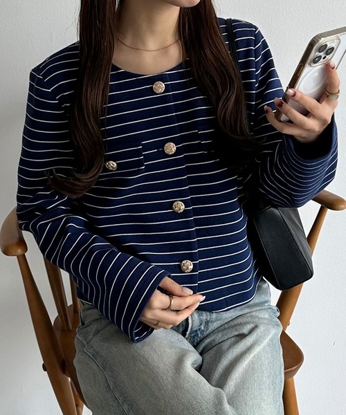 callautia（カラウティア）の「金釦ボーダージャケット風カットカーディガン（カーディガン/ボレロ・レディース・ブラック/アイボリー/ネイビー・SMALL/MEDIUM/LARGE）」の12枚目の写真