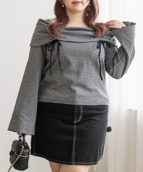 CLETTE（クレット）の「ドロストリボンチェック柄プルオーバー（Tシャツ/カットソー・レディース・グレー/ブラック・4L/3L/LL）」の2枚目の写真