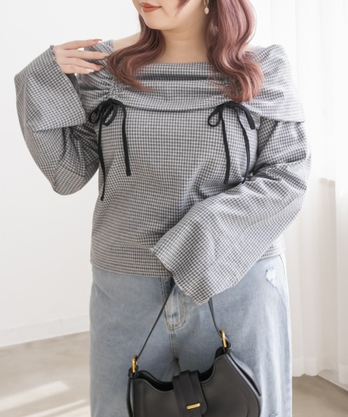 CLETTE（クレット）の「ドロストリボンチェック柄プルオーバー（Tシャツ/カットソー・レディース・グレー/ブラック・4L/3L/LL）」の9枚目の写真