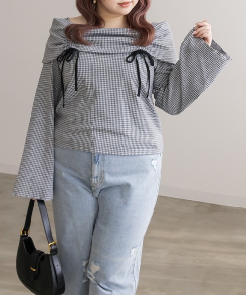 CLETTE（クレット）の「ドロストリボンチェック柄プルオーバー（Tシャツ/カットソー・レディース・グレー/ブラック・4L/3L/LL）」の10枚目の写真