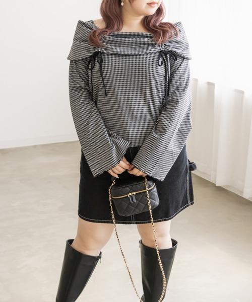 CLETTE（クレット）の「ドロストリボンチェック柄プルオーバー（Tシャツ/カットソー・レディース・グレー/ブラック・4L/3L/LL）」の4枚目の写真