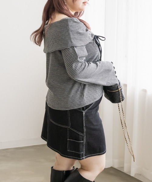 CLETTE（クレット）の「ドロストリボンチェック柄プルオーバー（Tシャツ/カットソー・レディース・グレー/ブラック・4L/3L/LL）」の6枚目の写真