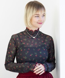 【MAISON BREEZE reveur】high neck printed sheer tops ハイネックプリントメローシアートップス